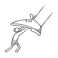 Business concept icon in sketch style. Man resisting huge foot. Vector illustration.