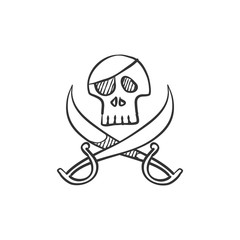 Skull and swords icon in sketch style. Pirate symbol. Hand drawn vector illustration.