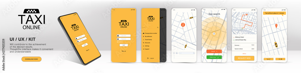 Poster call a taxi online, mobile application. ui, ux, kit application. online mobile application order tax
