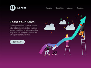 Fototapeta premium Website page template with illustration. Business team work supporting arrow chart.