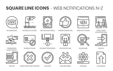 Web notifications related, square line vector icon set for applications and website development. The icon set is pixelperfect with 64x64 grid. Crafted with precision and eye for quality.