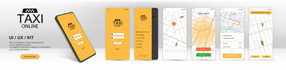 Call a taxi online, mobile application. UI, UX, KIT Application. Online mobile application order taxi service in flat style. GUI screens including sign In, cab booking, map navigation. Finished app