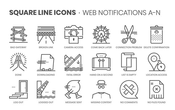 Web notifications related, square line vector icon set for applications and website development. The icon set is pixelperfect with 64x64 grid. Crafted with precision and eye for quality.