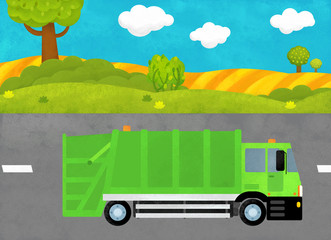 Fototapeta na wymiar cartoon scene with dumper truck trash car in the country on the street illustration for children