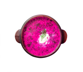 Holodnik - traditional Lithuanian (Russian, Ukrainian, Belorussian, Polish) cold beetroot soup, top view, isolated on white background with clipping path