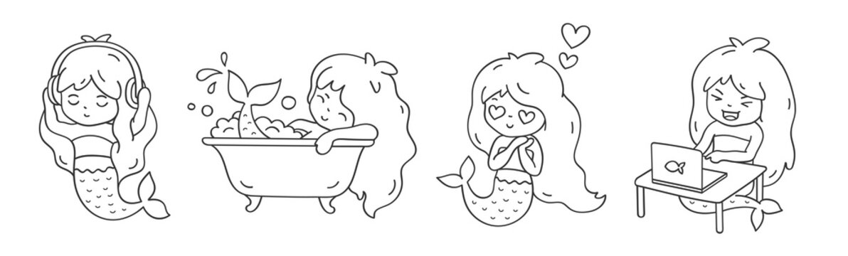 Happy little mermaid. Girl in love, listening to music, bathing, laughing in front of a laptop. Set of cartoon character. Vector outline illustration.