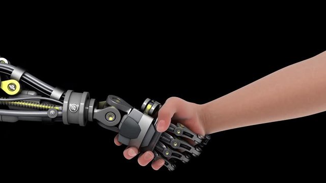 Handshake with a Robot, 3D animation. Transparent background ProRes 4444 with alpha channel in 4k UHD resolution version.