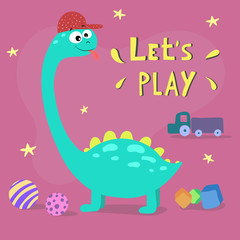 Cute cartoon dinosaur. Let's play. Great design elements for kids apparel, nursery decoration, patch or poster. Hand drawn vector illustration.