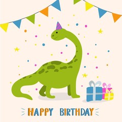 Cute cartoon dinosaur. Happy birthday greeting card. Great design for invitation, card, postcard, poster, greeting card. Hand drawn vector illustration.