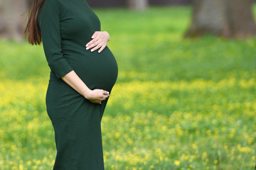 pregnant belly closeup. Closeup on the belly of a pregnant woman wearing a long green dress, a new...