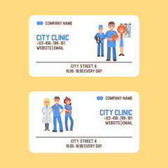 Medical business card with doctors vector illustration. Medics specialist badge template for medicine, emergency and healthcare industry. Visiting-card for surgeon, oculist and physician.