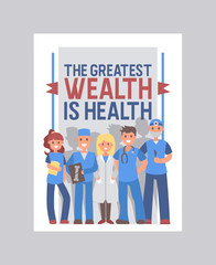 Health care cover vector design. Medical brochure with healthcare slogan. Doctors cartoon characters smiling and holding medical tools.