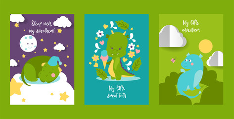 Baby dragon or dinosaur cartoon vector illustrations set. Cute childish dragon characters, baby dinosaur for kids fairytale. Dragon dino sleep with lettering for baby shower invitation.