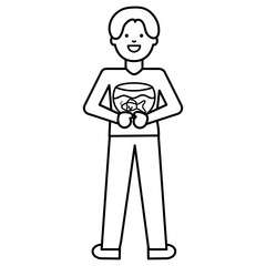 young man with ornamental fish in aquarium