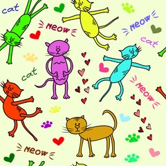 Seamless vector background with cats, hearts, stars, meow, fish, cheese and other elements 