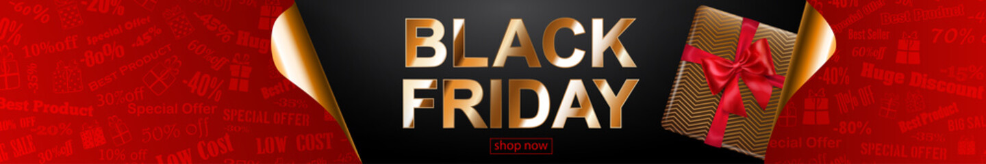 Black Friday sale banner in red, black and golden colors. Inscription and gift box on dark background. Curled paper corners. Vector illustration for posters, flyers, cards