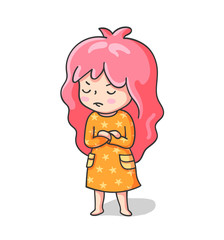 Offended girl, arms folded. Cute cartoon character for emoji, sticker, pin, patch and badge.