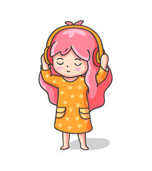 Girl listening to music with eyes closed. Cute cartoon character for emoji, sticker, pin, patch, badge. Vector illustration.