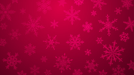 Fototapeta na wymiar Christmas background with various complex big and small snowflakes in red colors