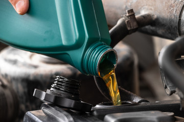 A car mechanic pours new motor oil into the engine. It is important to change the oil to save engine resource.