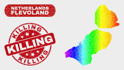 Rainbow colored dot Flevoland Province map and stamps. Red rounded Killing textured seal. Gradiented rainbow colored Flevoland Province map mosaic of random small spheres.