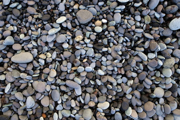 Wet and dry round stones, pebbles on the beach, collection of minerals, ocean shore.
