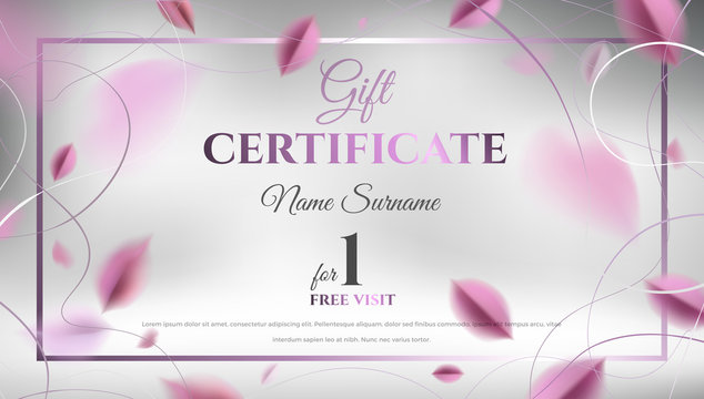 Gift certificate vector template design. Abstract creative floral background with pink leaves and silver color rich elegant decoration design