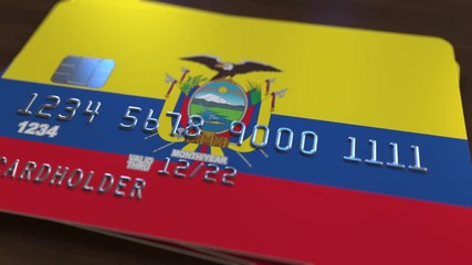 Plastic card featuring flag of Ecuador. Ecuadorian national banking system related animation - Powered by Adobe