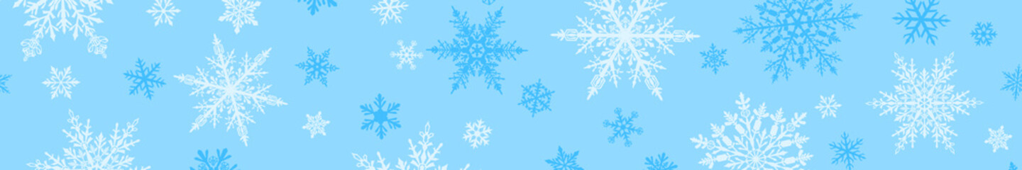 Christmas banner of complex big and small snowflakes in white colors on light blue background. With horizontal repetition