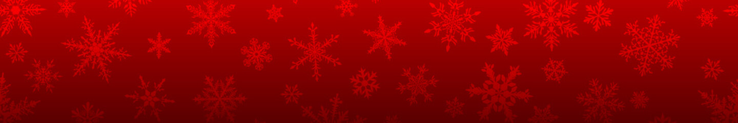 Naklejka na ściany i meble Christmas banner of complex big and small snowflakes in red colors. With horizontal repetition