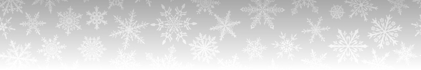 Naklejka na ściany i meble Christmas banner of complex big and small snowflakes in gray and white colors. With horizontal repetition