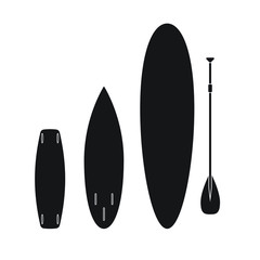 Vector flat cartoon set collection of black different surf stand up paddle and wake boards isolated on white background 