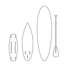 Vector flat cartoon set collection of outline different surf stand up paddle and wake boards isolated on white background 