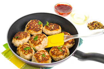 Pan with fried meat patties on white plate