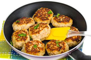 Pan with fried meat patties on white plate