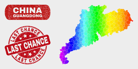 Spectrum dot Guangdong Province map and seals. Red rounded Last Chance distress seal. Gradient spectrum Guangdong Province map mosaic of randomized round dots.