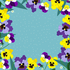 A square frame of pansies on a blue background. Vector graphics.
