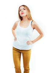 Fototapeta premium young pretty stylish hipster girl posing emotional isolated on white background happy smiling cool smile, lifestyle people concept close up