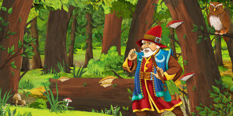 cartoon scene with happy young boy prince in the forest and pair of owls flying - illustration for children