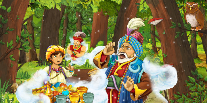 cartoon scene with happy young boy prince and magician in the forest and pair of owls flying - illustration for children