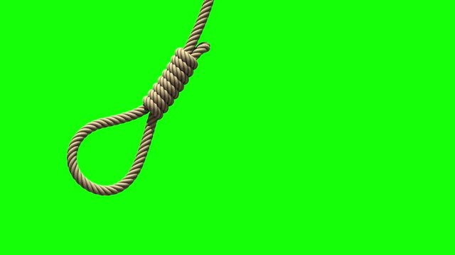 Hangman's noose on green screen. A rope with a knot for suicide or execution by hanging, swings from side to side like a pendulum. Seamless loop 3D animation with chroma key.