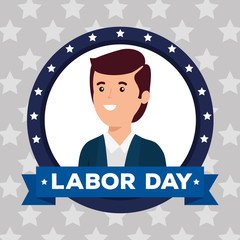 label of businessman with ribbon and stars decoration