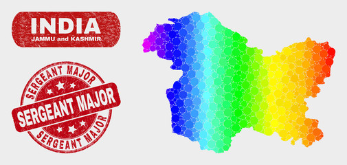 Rainbow colored dotted Jammu and Kashmir State map and rubber prints. Red round Sergeant Major grunge seal. Gradient rainbow colored Jammu and Kashmir State map mosaic of randomized small circles.