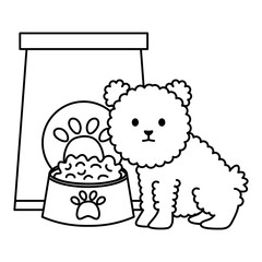 little dog adorable with paperbag food and dish