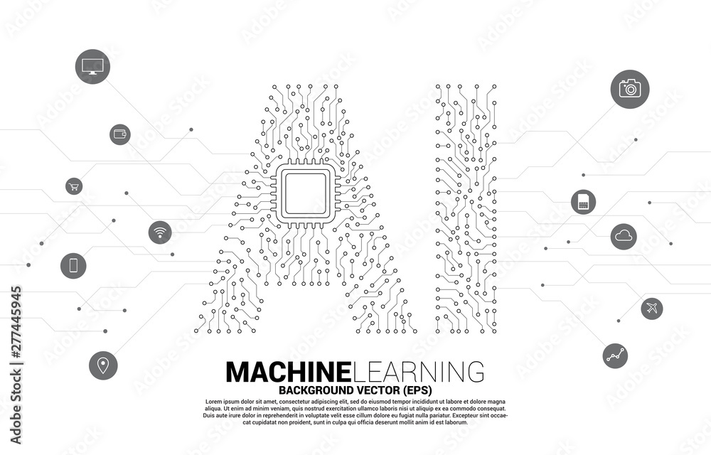 Poster AI from circuit line graphic with CPU. concept of machine learning and Artificial Intelligence technology