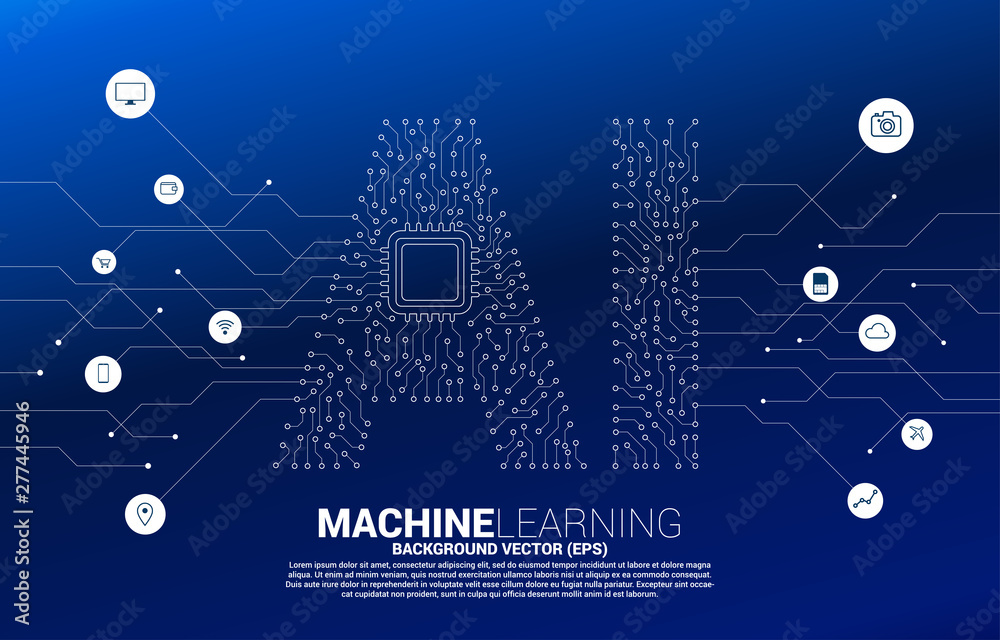 Poster AI from circuit line graphic with CPU. concept of machine learning and Artificial Intelligence technology