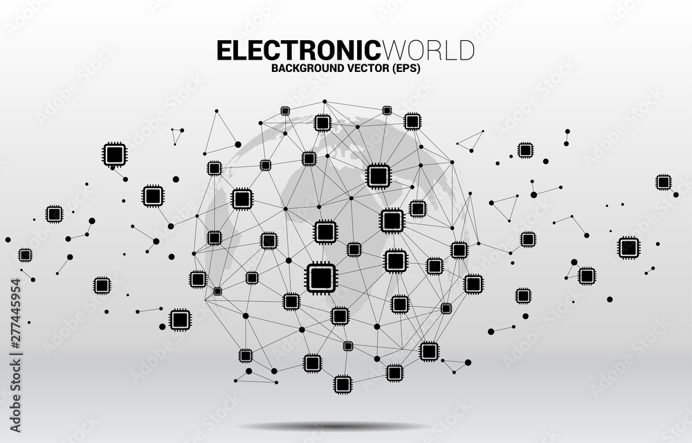 Poster World Globe with CPU icon polygon dot connected line. Concept for global processor technology .