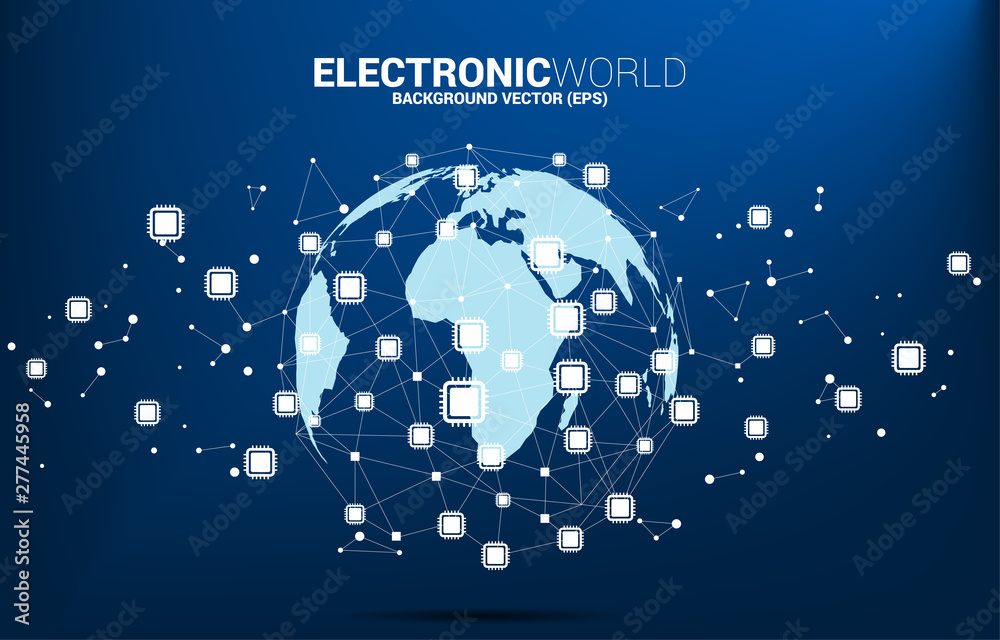 Aufkleber World Globe with CPU icon polygon dot connected line. Concept for global processor technology .