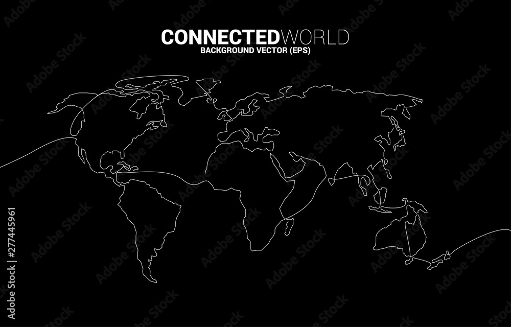 Poster World map single line connected: concept for one world connection and humankind.