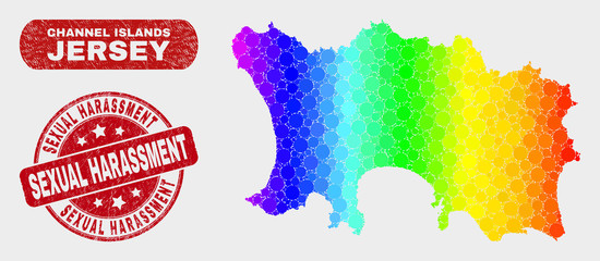Spectrum dot Jersey Island map and seals. Red rounded Sexual Harassment grunge stamp. Gradient rainbow colored Jersey Island map mosaic of randomized small spheres.